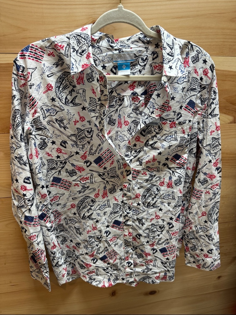 Columbia White Button-Down Shirt with Red & Blue Nautical Print